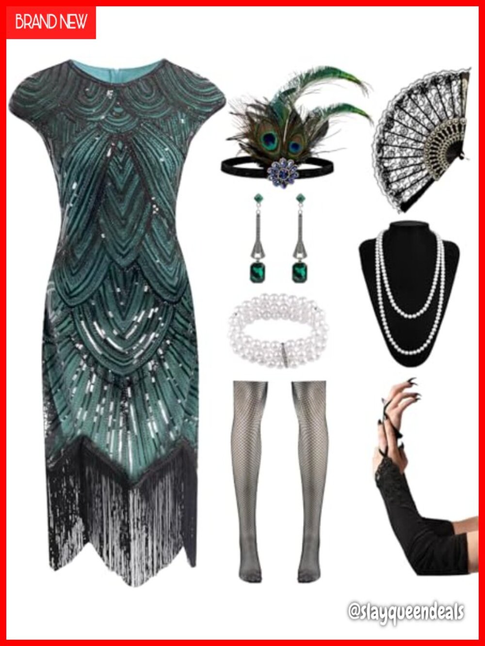 1920s Flapper Dress Sequin Fringe Costume Set Pearl Necklace Gloves Headband